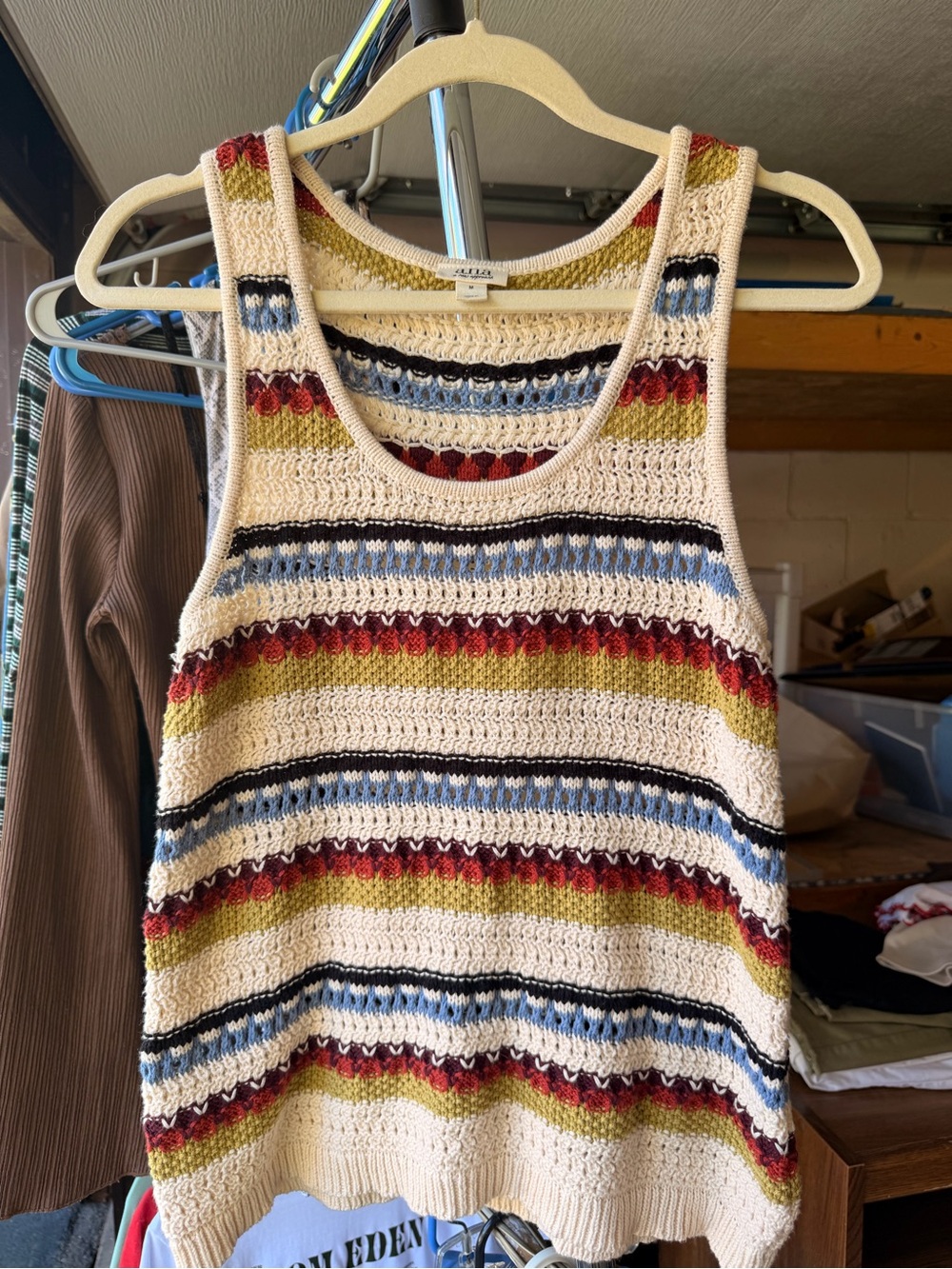 a.n.a Cream Crochet Tank with Blue, Olive, Burgundy and Black Stripes